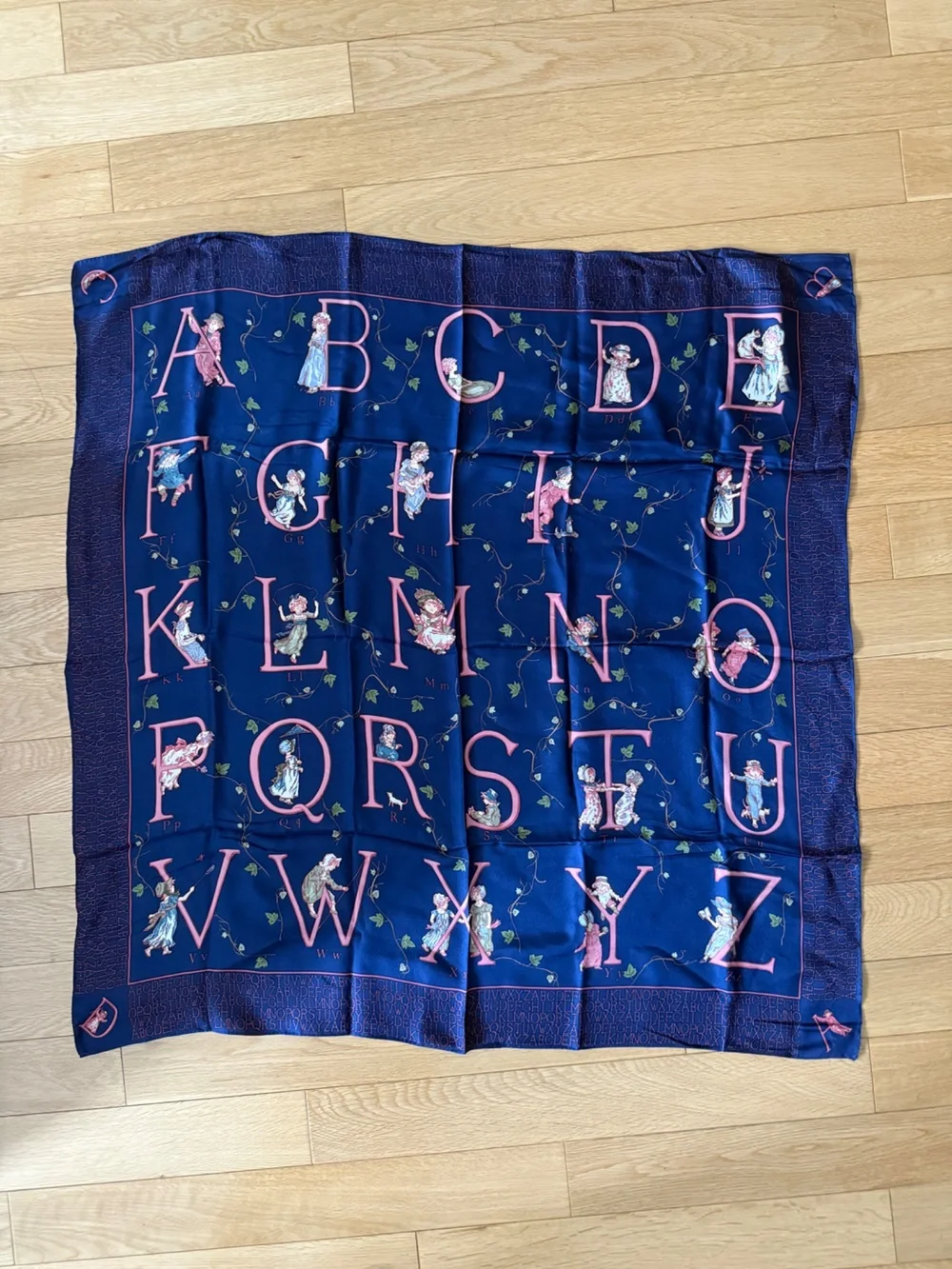 Vintage Alphabet Children's Figure Silk Scarf Navy Pink One Size